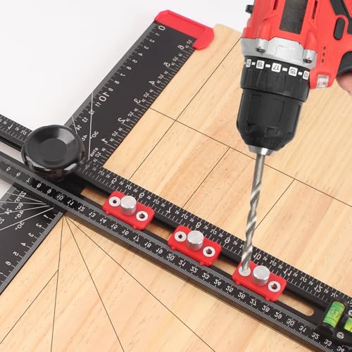 4-in-1 Aluminum Drilling Positioning Ruler, 16" Multifunctional T Square Ruler, Multi-Angle Adjustable Marking Gauge Tool, Cabinet Hardware Jig, Drilling Template for Door Holes