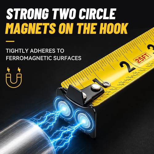 GRENPRO 25FT Magnetic Tape Measure, Double-Sided 1/32", Nylon Coated Blade - color: Yellow