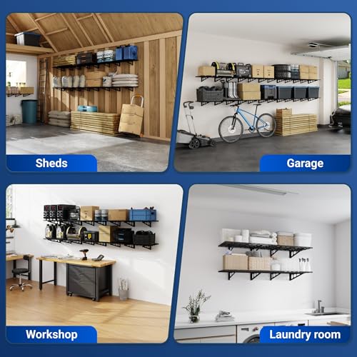 FLEXIMOUNTS 4-Pack 2x4ft Wall Shelf Garage Storage Rack Wall Mounted, Black - color: Black, size: 4 pack-2x4 ft