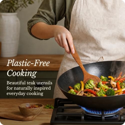 ELIBRE 9-Piece Teak Wood Kitchen Utensil Set, Heat-Resistant, Food Grade