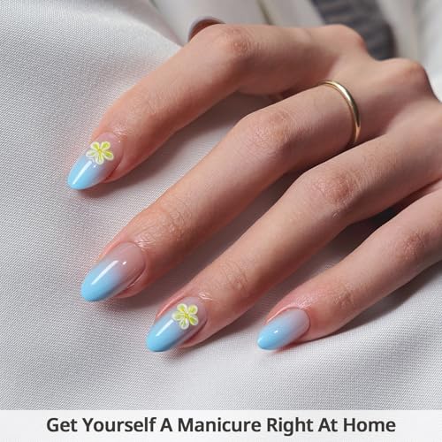 BTArtbox Press On Nails, Garden Party, Short Almond, Blue 3D Flower, 32Ct - color: A1-Garden Party
