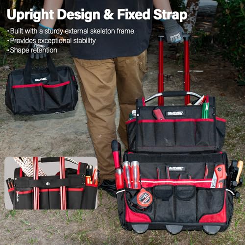 HAUTMEC 3-Piece Rolling Tool Bag Set - 18" Tool Bag with Wheels & Telescoping Handle, 15" Open Top Tool Tote & 12" Wide Mouth Small Bag, Heavy-Duty 1680D Water-Resistant Tool Storage - style: 3-Pcs Set | Red