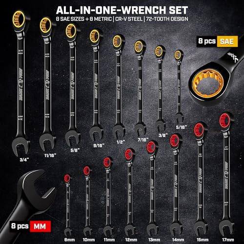 ironcube 16-Piece SAE/Metric CR-V 72-Tooth Ratcheting Wrench Set - size: 16- Pcs Regular-Length
