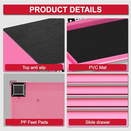 P.I.T. Mini Tool Box,Small Metal Toolbox Organizer with 5 Drawers,Pink | 8.6"W X 4.6"D Cute Size,Q235 Steel,Magnetic Locking Mechanism,PVC Drawer Liners - color: Pink, size: 5-Drawer