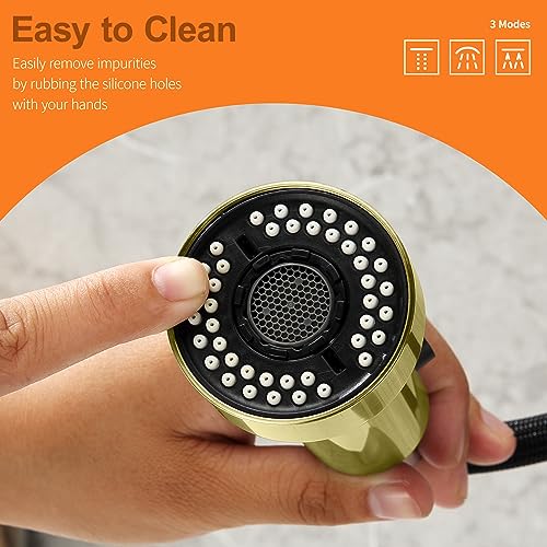 TIORIY Kitchen Faucet Head with 15 Adapters, High Pressure 3 Functions Pull Down Kitchen Spray Head Replacement, Pull Out Kitchen Sink Sprayer Nozzle, Brushed Gold, ABS - color: Brushed Gold, style: Blade Spray