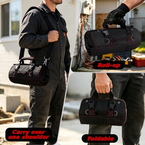 13-Pocket Roll Up Tool Bag with Clear and Mesh Pouches, Black