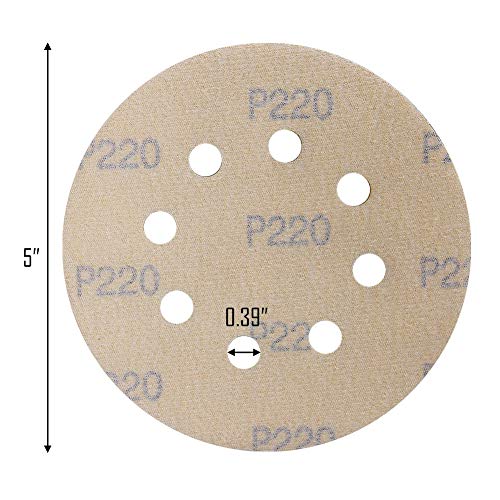 5-Inch 8-Hole Hook and Loop Sanding Discs, Orbital Sander Sandpaper Discs, 100 Pieces Round Sandpaper Set, 220 Grit - size: 220-Grit