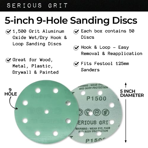 Serious Grit - 5-Inch 9-Hole P1500 Grit Sanding Discs - 50 Pack Box - size: 1500 Grit