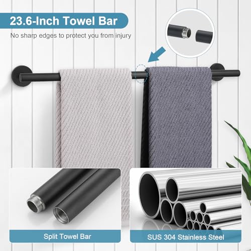 TQKAG Matte Black Bathroom Hardware Set, 6-Piece Towel Bar Set 23.6 Inch - color: Matte Black, size: 6-Pieces Set