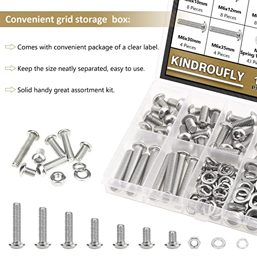 148 Pieces M6 x 10/12 /16/20 /25/30 /35mm Button Head Socket Cap Screws Nuts Washers Assortment Kit, 304 Stainless Steel, Fully Machine Thread - size: M6, style: Button Head
