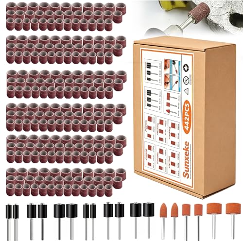 442 Pieces Sanding Drums Kit for Most Rotary Tools,Drum Sander Sleeves 376pcs (80 120 240 320 400 600Grit),24Pcs Drum Mandrels and 42 Sanding Bits,Sanding Bits Tool Accessories with Box - size: 442PCS