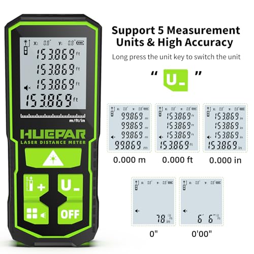Huepar Professional Green Laser Measuring Tool 196ft, Digital Rechargeable Laser Distance Meter with Angle Sensor, 1/16in Accuracy, M/in/Ft Unit, Pythagorean Mode, Measure Distance, Area, Volume