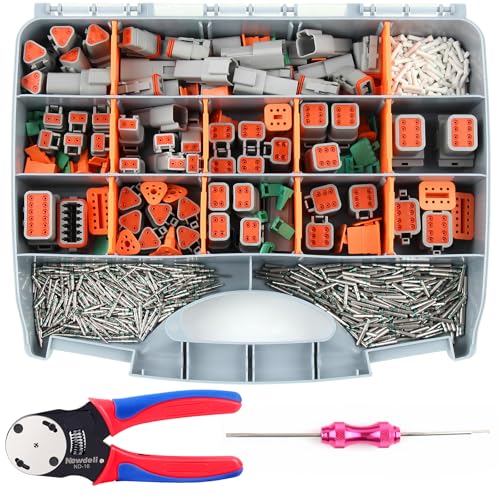 Newdeli 338 pcs Deustch Connector Kit 2 3 4 6 8 12 Pin Connectors with Deutsch Crimping Tool and DT Connector Removal Tool Size 16 Solid Terminal Contacts(14-20AWG) - size: DT Connector 338 Pcs Multi-Pin Kit