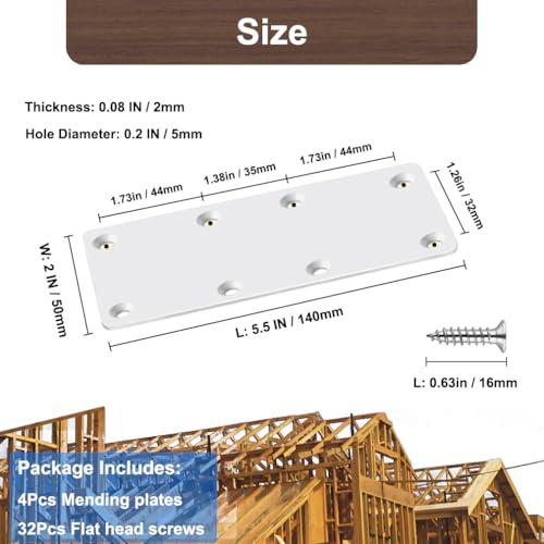 White Mending Plate 4 Pcs Stainless Steel Flat Brackets, 5.5 Inch x 2 Inch Heavy Duty Straight Brace Repair Fixing Joining Brackets for Wood Furniture Fence with Screws - size: Straight/ 5.5inch*2inch 4Pack