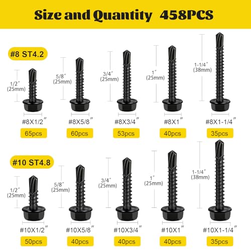 458Pcs #8#10 Black Self Tapping Screws for Metal, Hex Washer Head Self Drilling Screws Assortment Kit, 410 Stainless Steel Sheet Metal Screw, Length 1/2'' 5/8'' 3/4'' 1'' 1-1/4'' - size: 458pcs #8#10 Black
