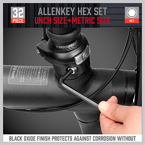 SEDY 32-Piece Hex Key Wrench Set, Metric and SAE Allen Wrenches (0.028-3/8 inch, 0.7-10 mm) L Shape Allen Keys, Chrome Vanadium Steelwith 2x Extension Handle - style: 32-Piece Standard Set (L-Key)