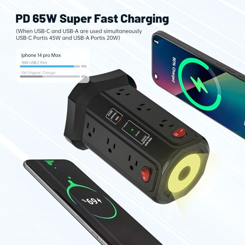 PASSUS Tower Surge Protector Power Strip with PD 65W USB C Port - color: Black-4C1A