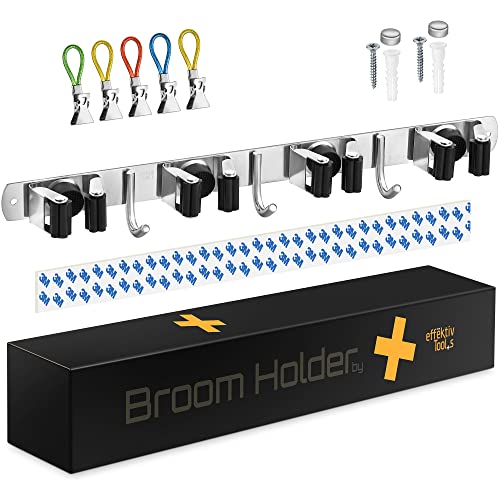 Wall Mount Hanger for Brooms & Mops - Adhesive Stainless Steel Mops & Broom Holder, 4 Clamps, 3 Hooks, & 5 Towel Hanger Clips Including Mounting Hardware for Utility Room Organization - color: 1 Pack - 4 Clamps