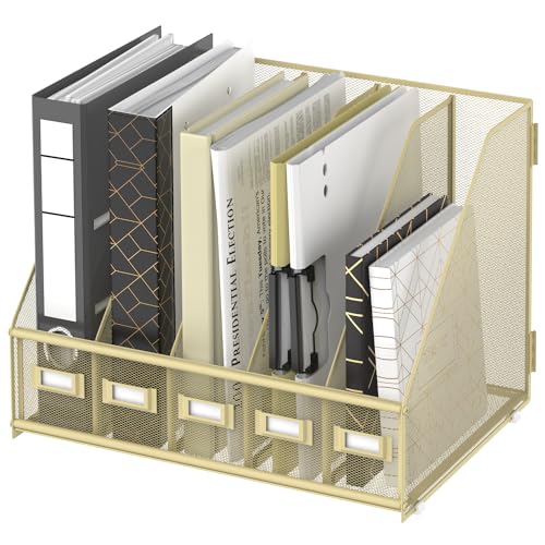 SUPEASY Desk Organizers Metal Desk Magazine File Holder with 5 Vertical Compartments Rack File Organizer for Office Desktop, Classroom, Home Workspace, Golden Yellow, Plus - color: Golden Yellow, size: Large