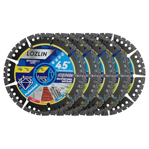 LOZLIN Diamond Blades 5-Pack 4.5" Diamond Multi-Purpose Saw Blades - Heavy Duty Angle Grinder Discs for Cutting Marble/Quartz/Stone/Tile/Metal/Plastic (Black Teeth)