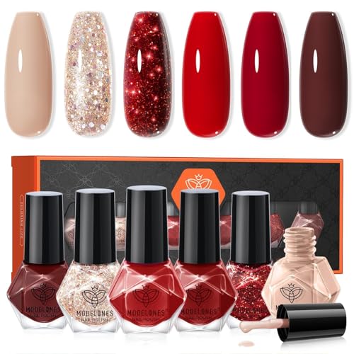 modelones Quick Dry Nail Polish Set, 6 Colors Red Nude Gold Glitter - color: A3 Red Glitter