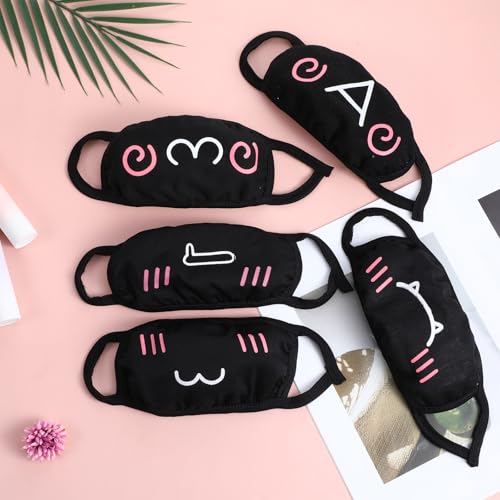 Cute Cat Face Mask, Kawaii Cotton Mouth Masks Reusable Washable Face Mask Anti-Dust Anime Masks for Women Men - color: Black 5pcs