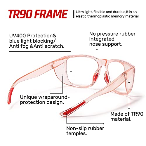 Safety Glasses Anti-Fog Eye Protection Blue Light Blocking Glasses for Women Men - color: Pink