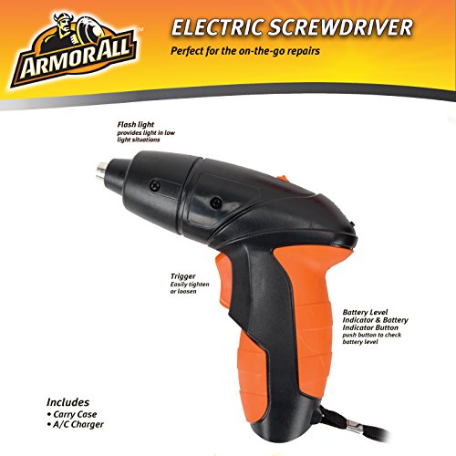 Armor All Electric Screwdriver Cordless Kit, Lithium Power Rechargeable 4.8-Volt, Best, Bits, With Case