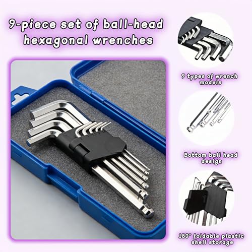 Professional 9-Piece Ball End Hex Key Set, Chrome Vanadium Steel L-Wrenches, 1.5-10mm Metric Sizes, Industrial-Grade with Storage Case for Automotive, Motorcycle, DIY Repair (L) - size: L