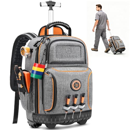 Rolling Tool Backpack with Wheels, 16" Heavy Duty Tool Bag with Molded Base - color: Grey