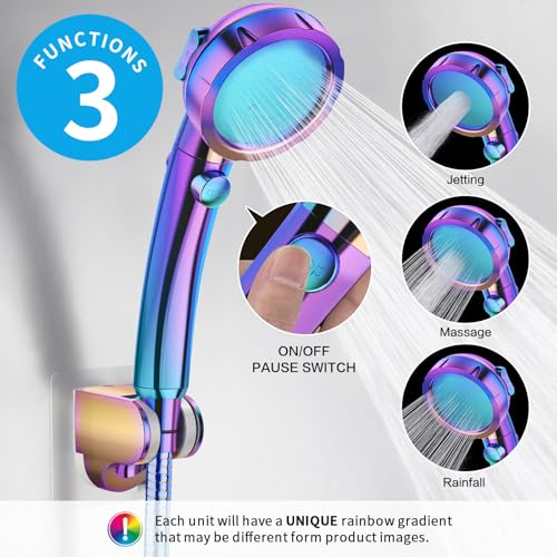 KAIYING Drill-Free High Pressure Handheld Shower Head with ON/OFF Switch, 3 Spray Modes - Polished Finish, Shower Head (Radiant Rainbow) + Bracket + Hose - color: Radiant Rainbow