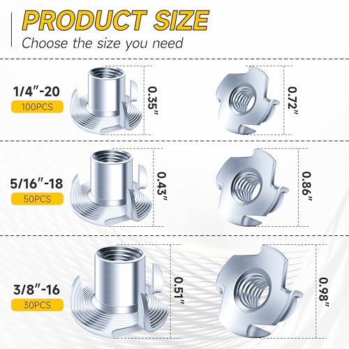 180Pcs 1/4-20 5/16-18 3/8-16 T-nut Assortment Kit, 4 Pronged T Blind T Nut Zinc-Plated Alloy Steel, Wood Working, Rock Climbing Holds & Furniture Hardware Nuts, Threaded Insertion by Mywish