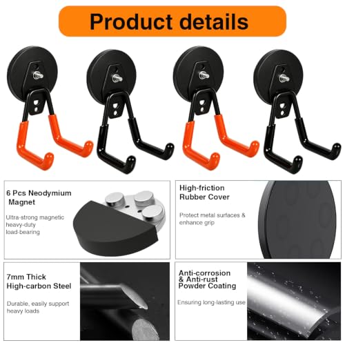 4 Pack Strong Magnet Hooks Heavy Duty, Rubber Coated No Damage Hook for Garage Storage, Dual Hook Design, Large Magnetic Hangers for Tools, Garden, Workshop (Orange2pcs + Black2pcs)