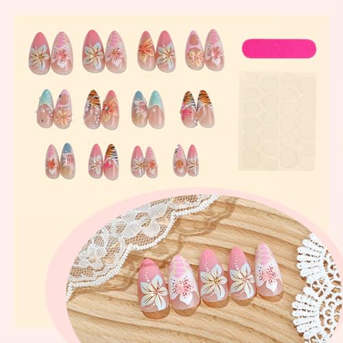 Summer Press On Nails Medium Almond with French Tip Flower Rhinestones - color: Style18