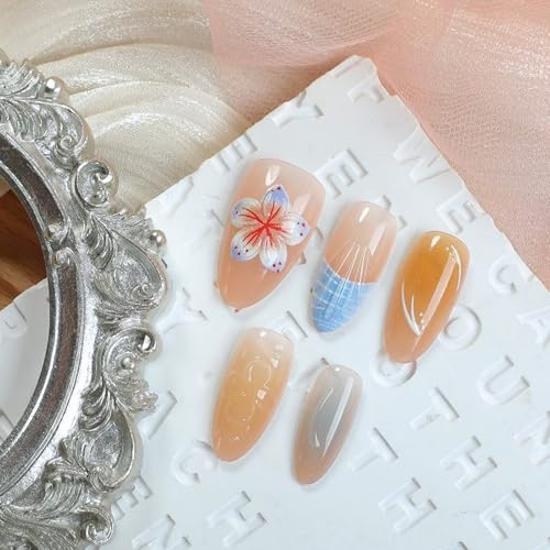 Press on Nails Almond Medium French Tip 3D Embossed Color Flower&Bead Design Fake Nails - color: 3D Embossed design 19