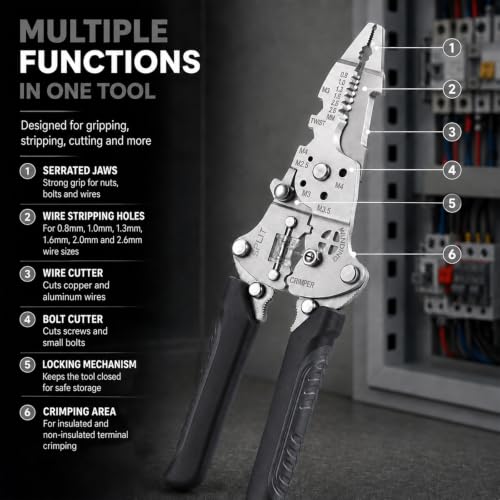 Multifunctional Foldable Automatic Wire Stripper and Cutter, Portable Crimping Tool for and Stripping tools & home improvement - color: Black