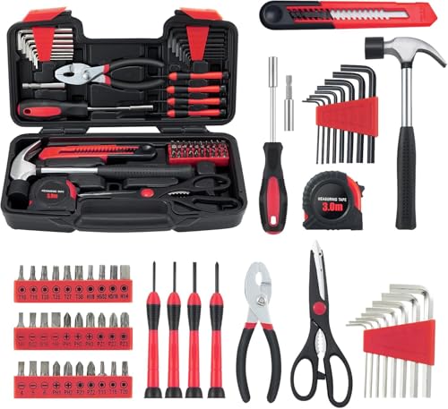 MARTCOLOR 58-Piece Household Tool Set, Red Hand Kit with Storage Case - color: Red
