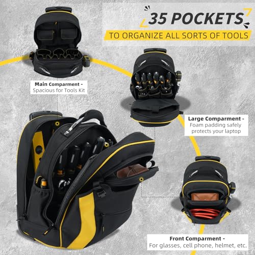 MELOTOUGH Rolling Tool Bag with Wheels,Large Heavy Duty Rolling Tool Bag for Men with 35 Pockets&Telescoping Handle for Electrician,HVAC,Construction,Technicians,Mechanic,Welder (Yellow) - color: Yellow Rolling Tool Bag