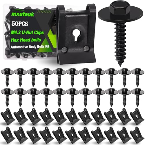 mxuteuk 50PCS M4.2 U-Nut Clips & Hex Head Automotive Body Fender Bolts Kit,for Most Cars Fender,Engine Undertray Cover, Engine Cover & Bumper Fender Liner - color: Black-M4.2