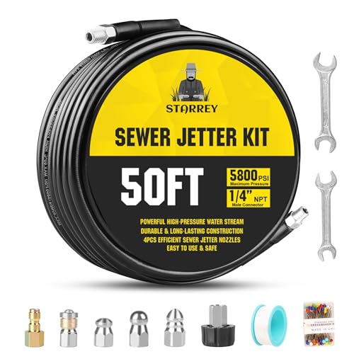 Pressure Washer Drain Jetter – Sewer Jetter Kit for Pressure Washer 50ft 1/4 Inch NPT Hose Nozzles and Adapter 5800PSI Clears Clogs in Pipes & Sewer Lines - size: 50FT X1/4in