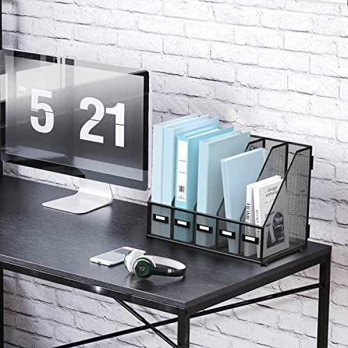 SUPEASY Desk Organizers Metal Desk Magazine File Holder with 5 Vertical Compartments Rack File Organizer for Office Desktop, Classroom, Home Workspace, Black - color: Black, size: Small