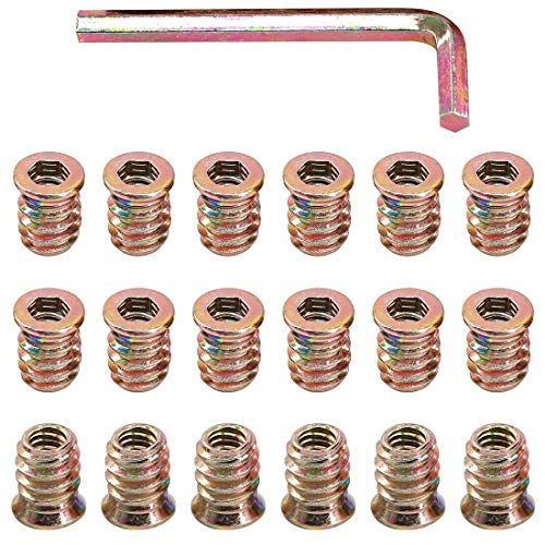 Glarks 50Pcs 1/4"-20x15mm Threaded Inserts Nuts Zinc Plated Carbon Steel Hex Socket Drive Furniture Flanged Screw-in Nut with M6 Hex Wrench for Wood Furniture (1/4"-20 x 15mm) - size: 1/4"-20 x 15mm