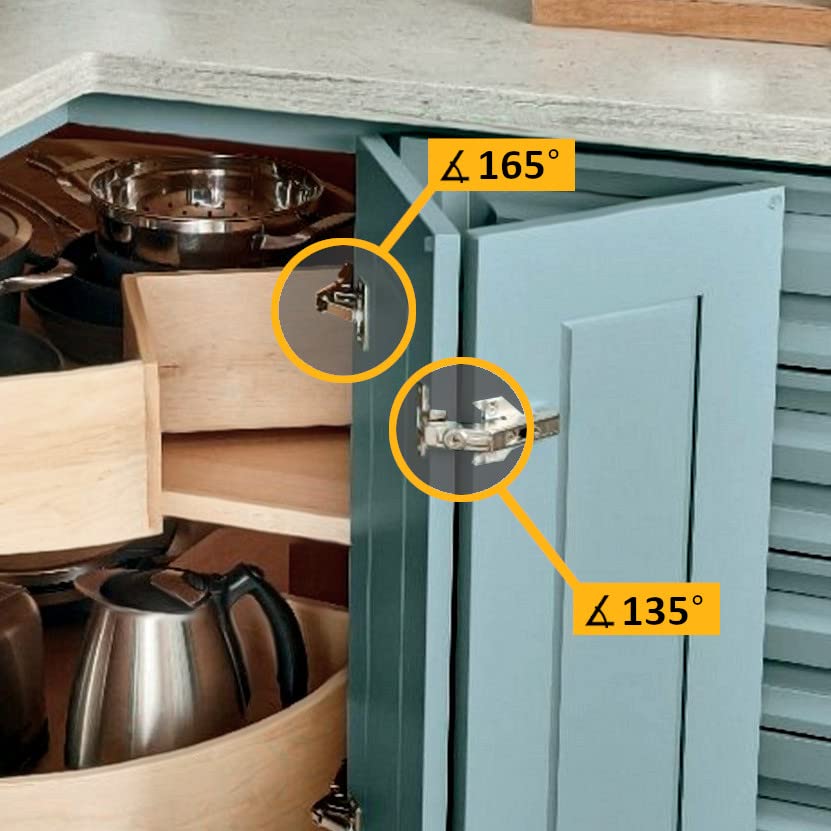 ANGSTROM 2-Pack Lazy Susan Cabinet Hinges, Full Overlay Concealed European Style for Outer Corner Door, 3D Adjustable Clip-On (135-Degree) - size: 135deg