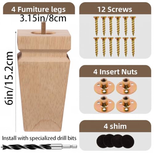 Unfinished Oak Furniture Legs - Heavy Duty Mid Century Solid Wood Replacement Sofa Legs Set of 4 for Couch Bench Bed Dresser Coffee Table-with Installation Hardware (Natural 6" H*3.15" W) - color: Plain Wood Color, size: 6"H*3.15"W