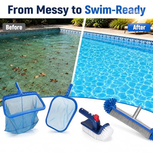 4pcs Pool Cleaning Kit Heavy Duty Skimmer, Rake, Brushes (No Pole)