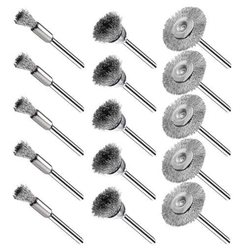 15 Pieces Stainless Steel Wire Brushes, Wire Brush Wheel, Steel Wire Polishing Wheel Kits for Dremel Rotary Tools (1/8 Inch Mandrel) - color: silver