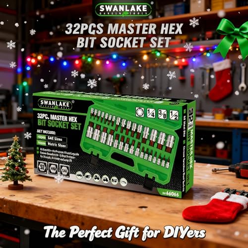 SWANLAKE 32 Piece Hex Bit Socket Set,SAE and Metric, 1/4'', 3/8', 1/2'' Drive Socket Set, S2 & Cr-V Steel - style: 32-Piece Hex Bit Socket