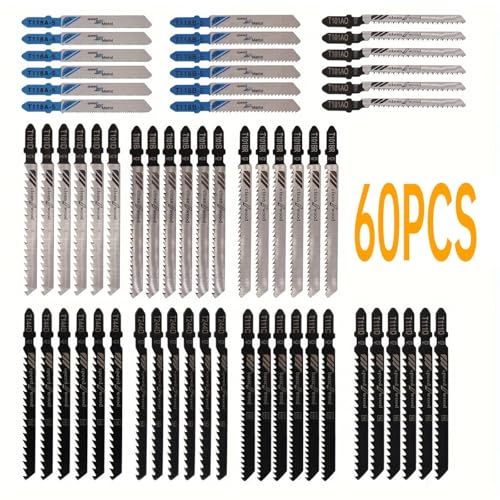 60Pcs Jigsaw Blades Set, Contractor Assorted T Shank Jig Saw Blades, Multi-Purpose HCS/HSS Blades for Cutting Wood/Plastic/PVC/Metal (T118A T118B T101AO T101D T101B T101BR T144D T244D T111D T111C)