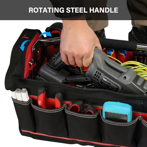 HAUTMEC 20" Heavy-Duty Open Top Tool Bag with Waterproof Clear Cover, Large Tool Tote with Rotating Handle, Rigid Frame, Wear-Resistant Hard Base & Padded Shoulder Strap – HT0296 - style: Tool Tote | Waterproof