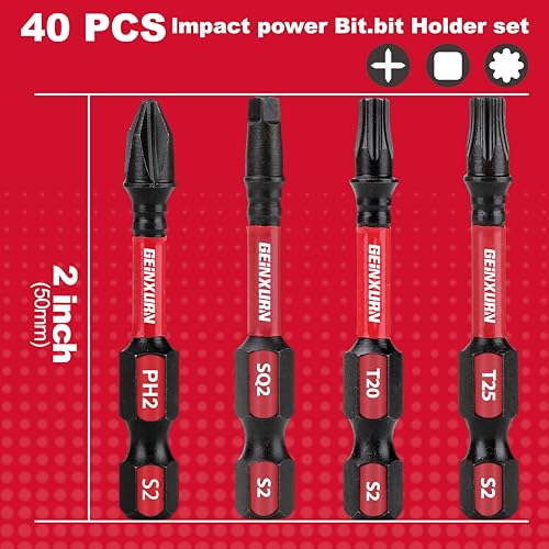 GEINXURN Impact Tough Phillips Square Torx 2 in. Insert Driver Bits, 40Pack Bulk T20/T25/PH2/SQ2 Screwdriver Power Bits Set - size: MIXED-40PC